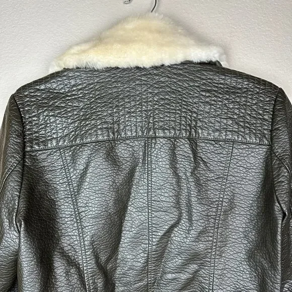 French Connection Faux Leather Fur Collar Moto Jacket Olive Green Large - Picture 8 of 11